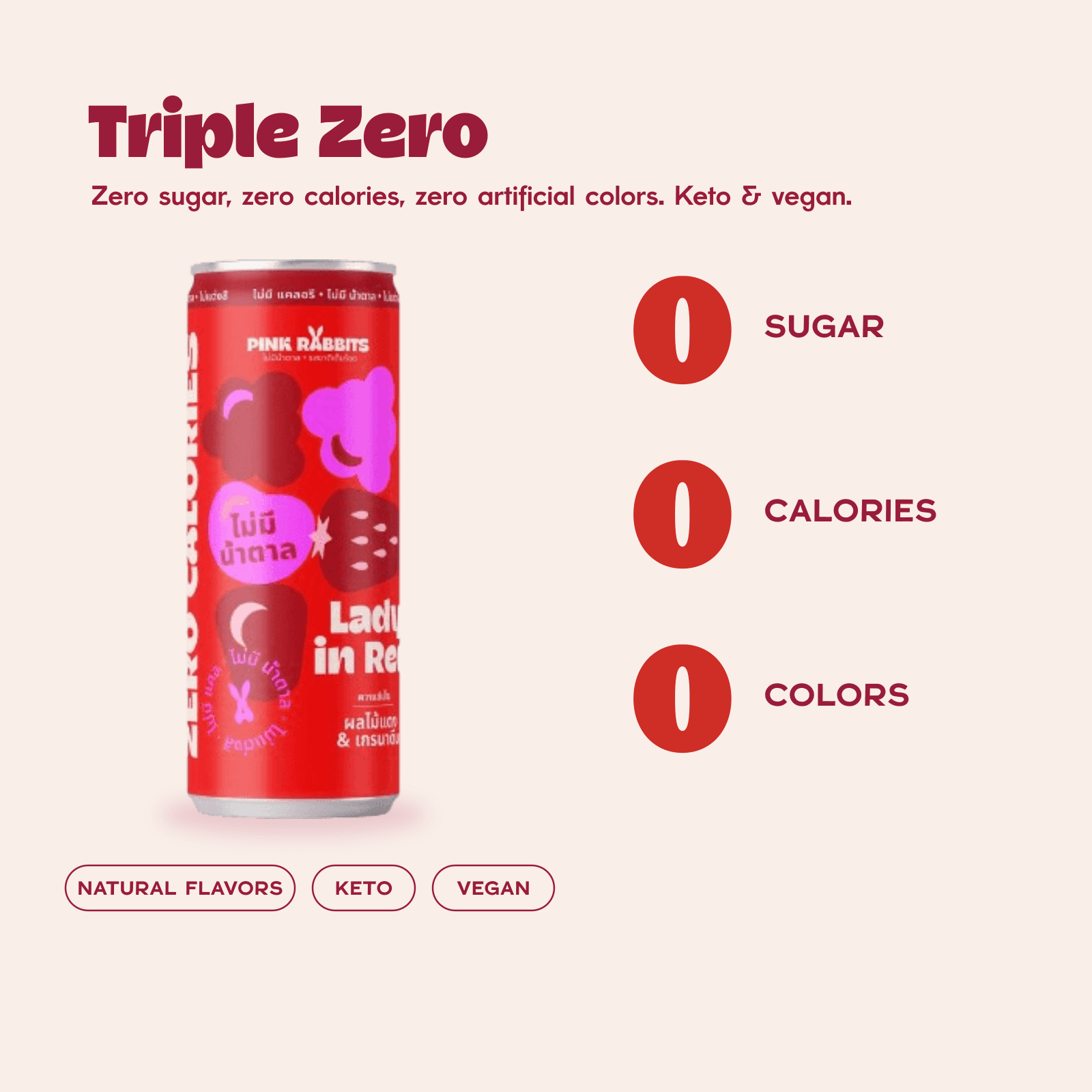 Triple Zero — zero sugar, zero calories, zero artificial colors, keto and vegan