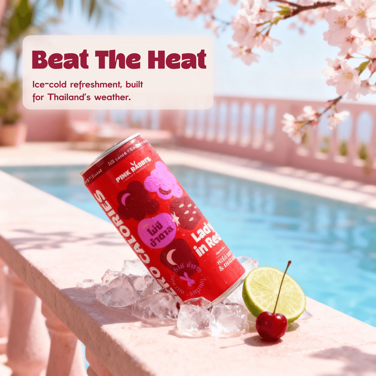 Ice-cold Lady in Red can poolside in tropical light — Beat The Heat