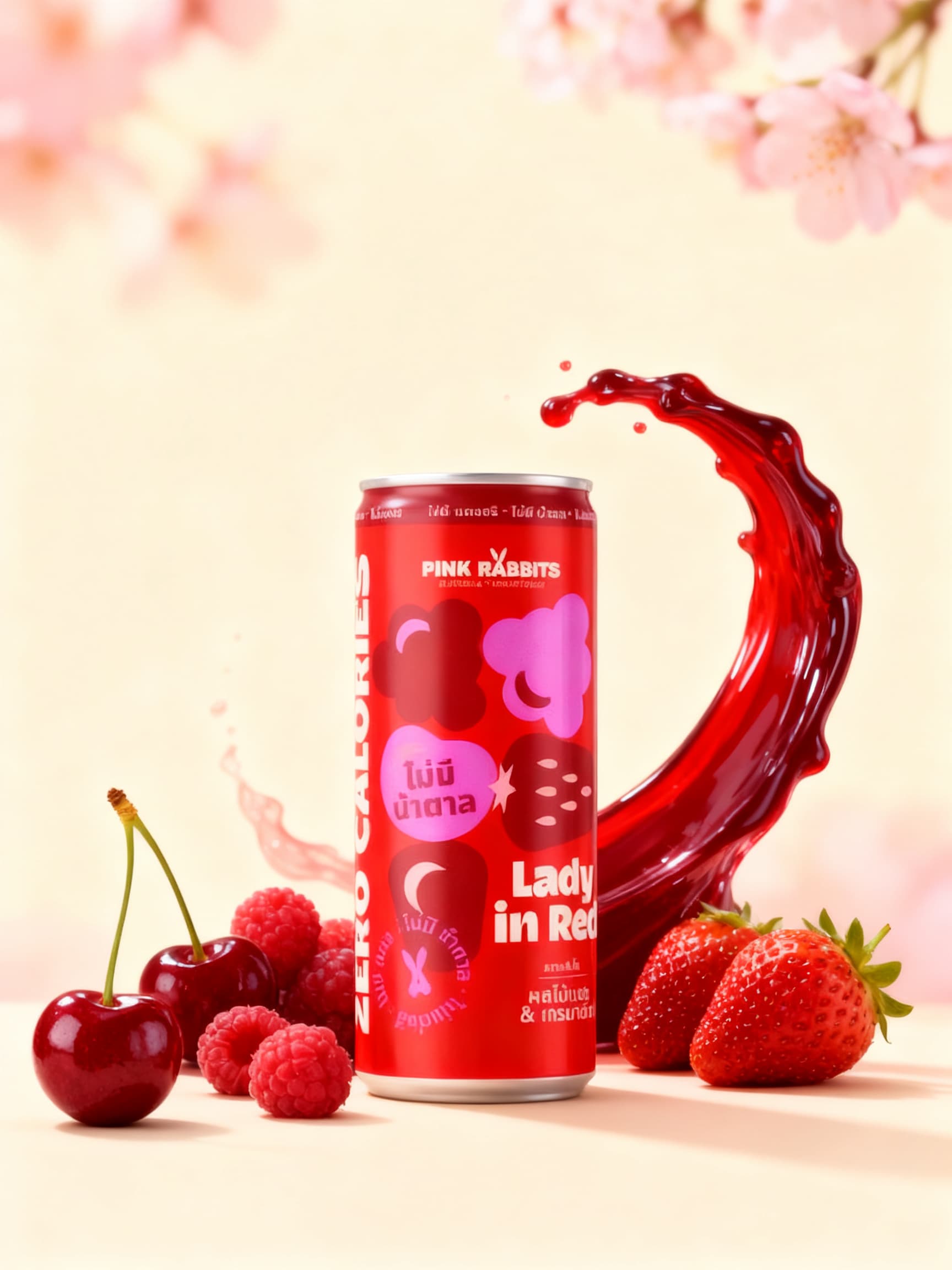 A Lady in Red can in a bold studio still life with fresh red fruit and a grenadine splash